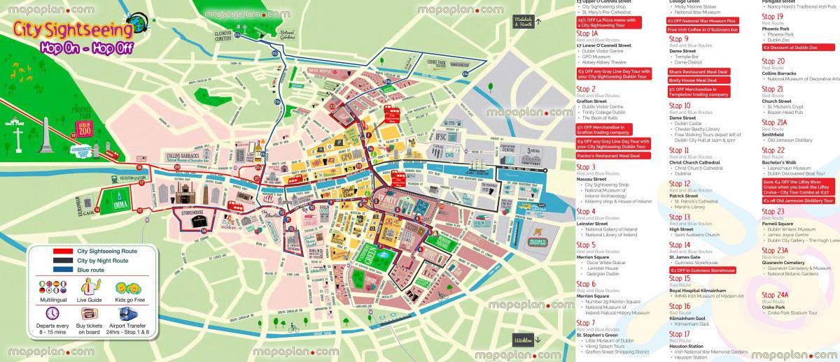 Dublin Hop sa hop-off bus ruta ng mapa